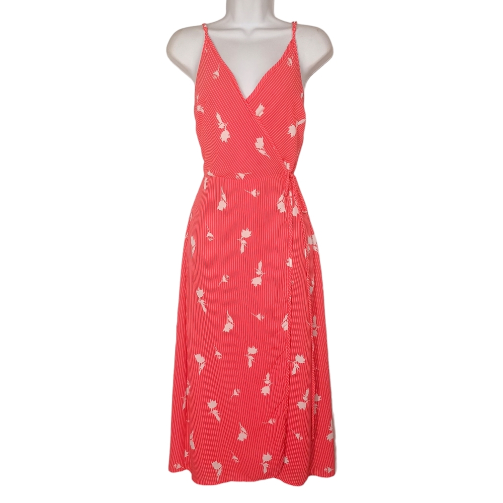 THE ROOM Coral Pink White Stripe Print Midi Sleeveless Wrap Dress Small